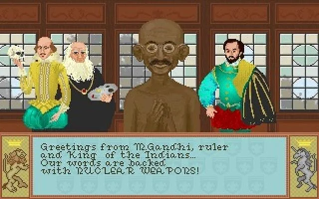 Nuclear Gandhi — Civilization game screenshot of Gandhi declaring his words are backed with nuclear weapons
