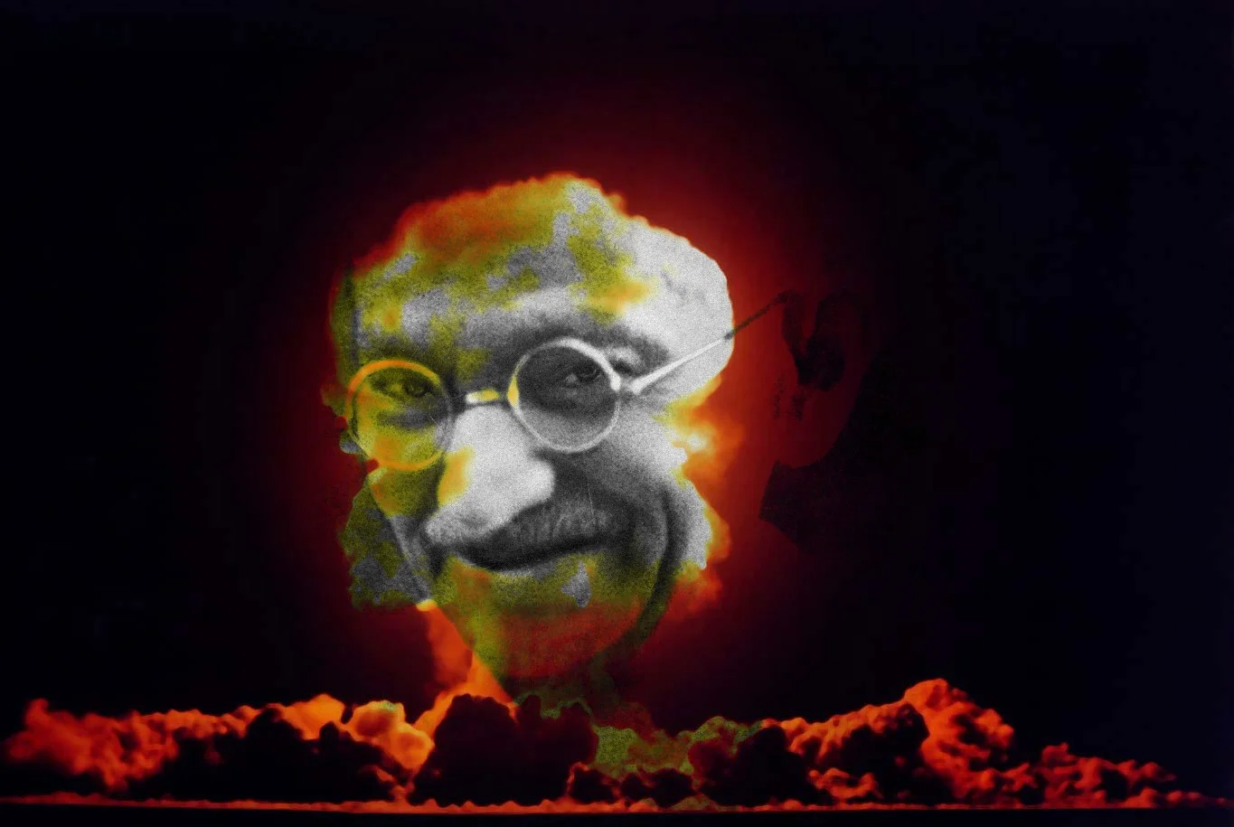 Nuclear Gandhi — Mahatma Gandhi's face composited over a nuclear mushroom cloud explosion