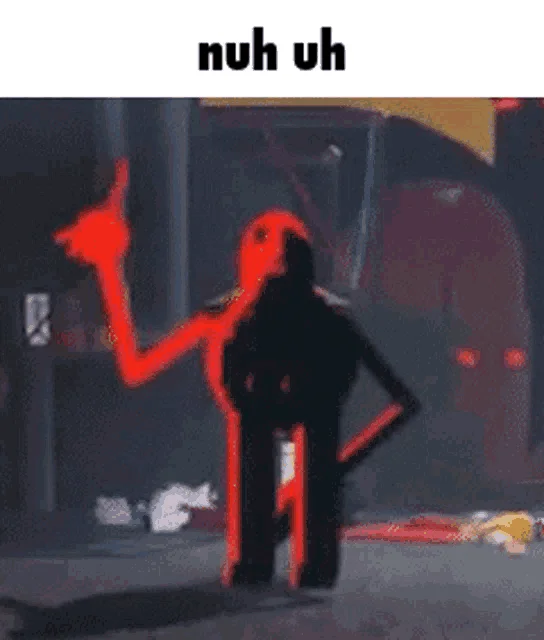 Red-colored animated character on dark background with 'nuh uh' text overlay.