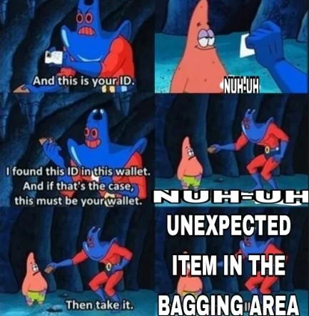 Two-panel meme with distraught character's claim dismissed by blue alien with flat 'nuh uh.'