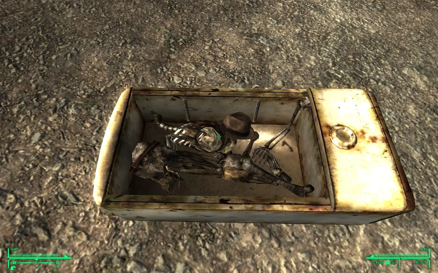 Nuking the Fridge — Fallout game screenshot of a fedora-wearing skeleton inside a fridge