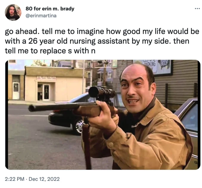 Tweet with angry man holding sniper rifle meme, reacting to the nurning annintant prompt