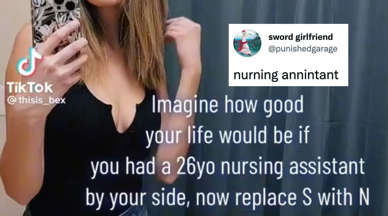 TikTok screenshot of woman taking a mirror selfie with text about a nursing assistant, next to a tweet reading 'nurning annintant'