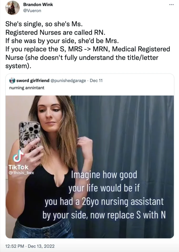 Tweet attempting to over-explain the nurning annintant joke using nursing title abbreviations