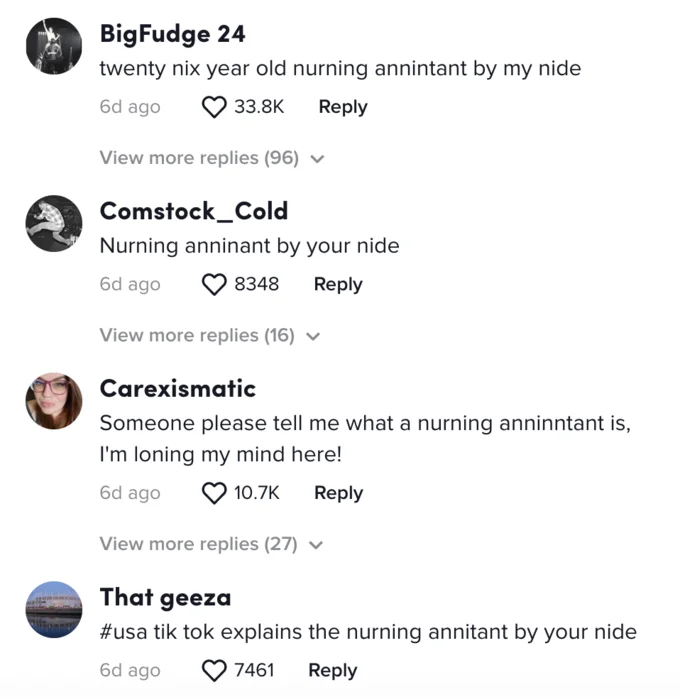 TikTok comment section showing jokes about nurning annintant and users confused about the term