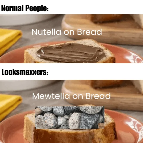 Meme comparing Nutella on bread to Mewtella with rocks for looksmaxxers
