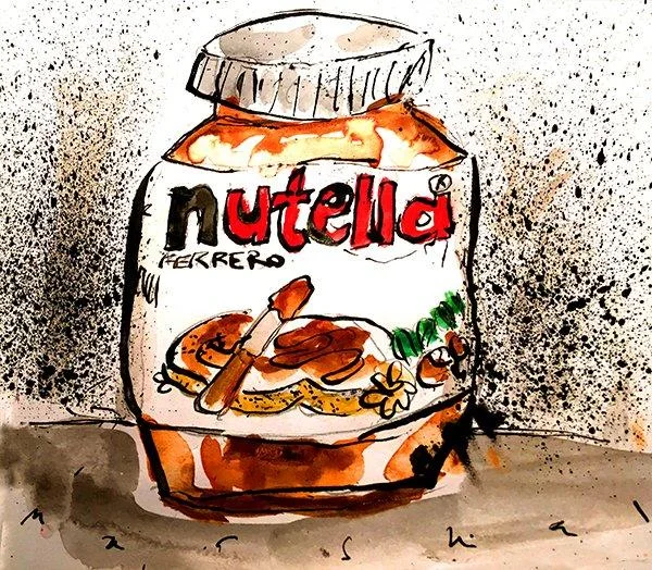 Watercolor and ink artistic illustration of Nutella jar