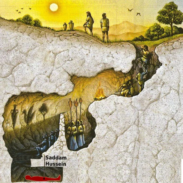 Nutty Putty Cave Incident — Illustrated cave burial scene edited to label a body as Saddam Hussein
