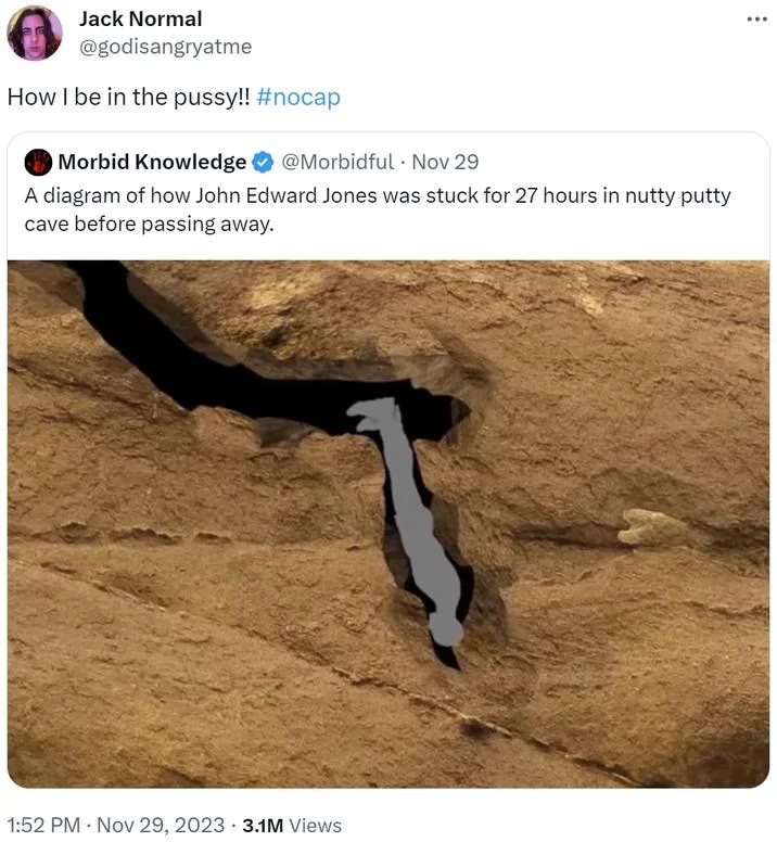 Nutty Putty Cave Incident — Jack Normal quote-tweet joking about the position in the cave diagram
