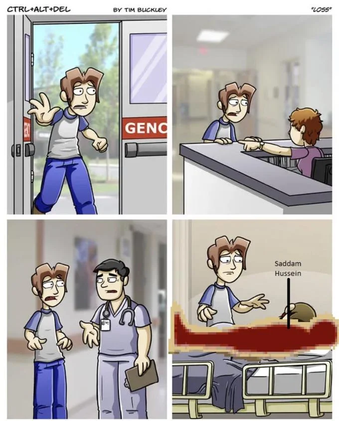 Nutty Putty Cave Incident — Ctrl+Alt+Del Loss comic edited with a Saddam Hussein body in the final panel