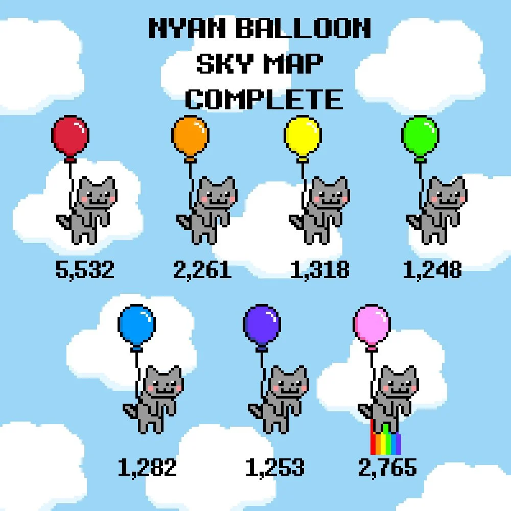Layout displaying seven color variants of Nyan Balloon in red, orange, yellow, green, blue, purple, and pink.