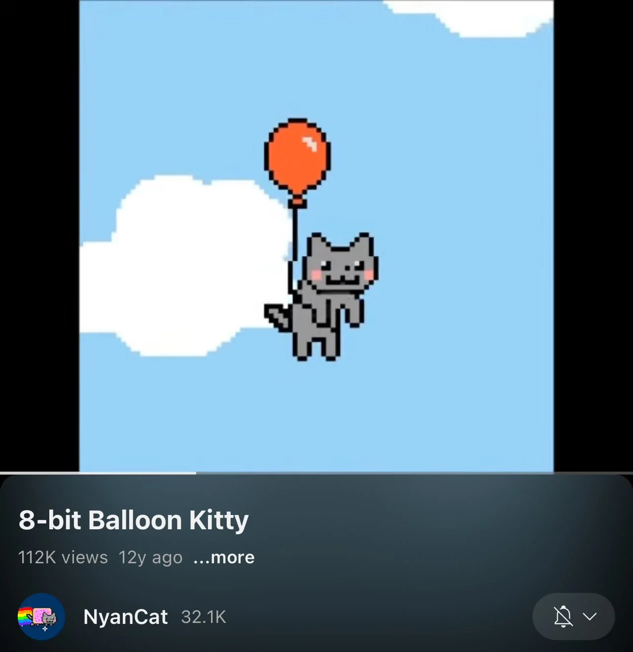 Pixel-art animation of Nyan Balloon showing 8-bit gray cat with orange balloon against blue sky.