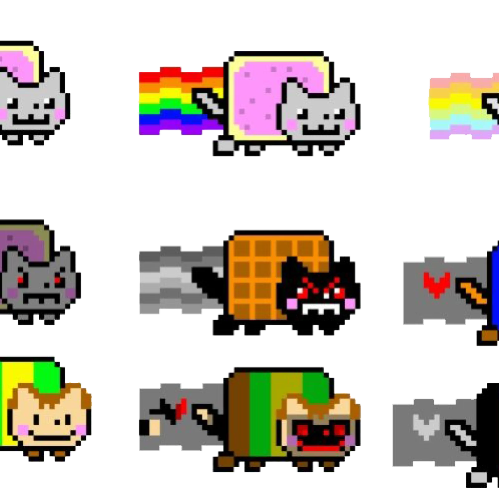 3x3 grid collage showing nine different 8-bit Nyan Cat variants with different bodies and themes.