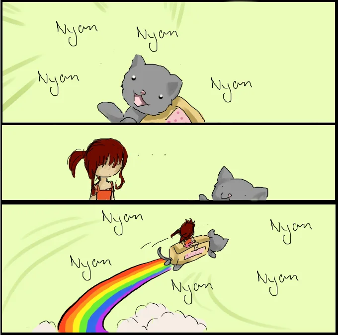 Three-panel hand-drawn comic showing fluffy cat in Pop-Tart shell and girl riding Nyan Cat.