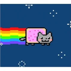 Classic Nyan Cat 8-bit pixel art showing Pop-Tart cat flying through starry space with rainbow trail.