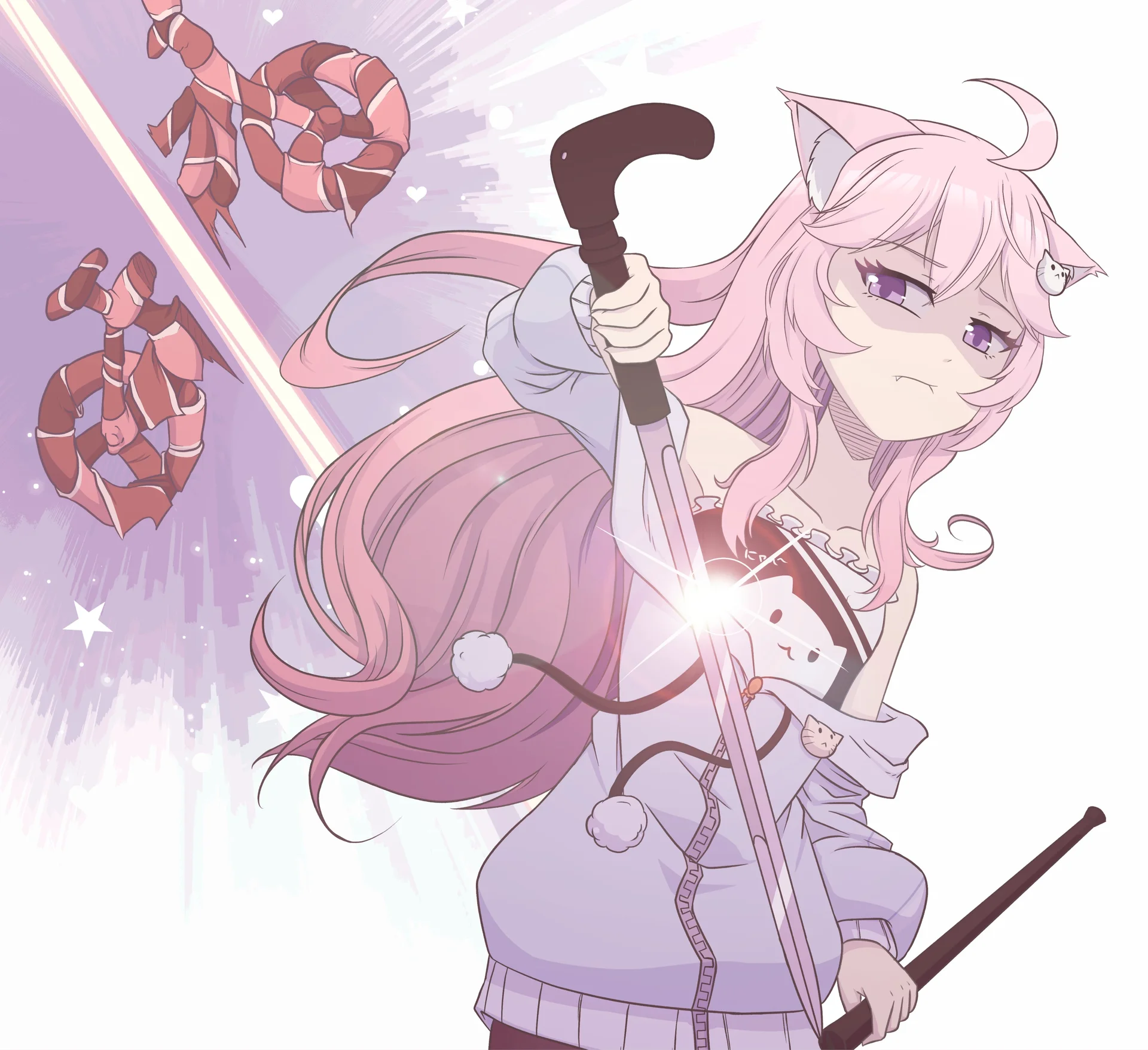 Anime fan art of Nyanners as a pink-haired cat-girl in a pink cardigan holding a black cane over her shoulder.