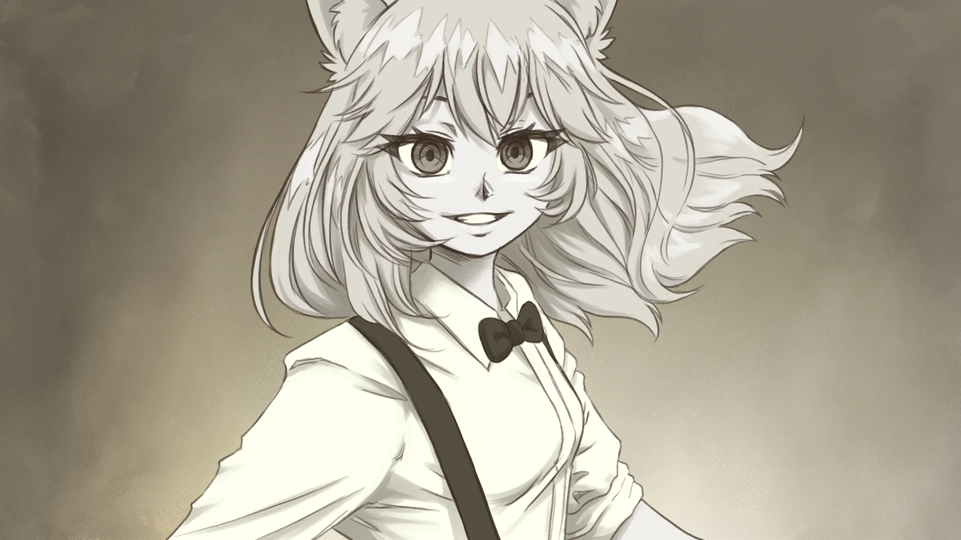 Nyanners — Monochrome sepia sketch of a smirking anime cat-girl in a collared shirt with bow tie and suspenders.