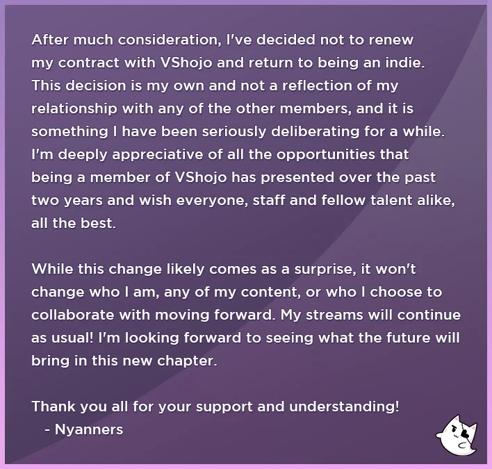 Purple statement graphic in which Nyanners announces leaving VShojo to return to being an indie VTuber.