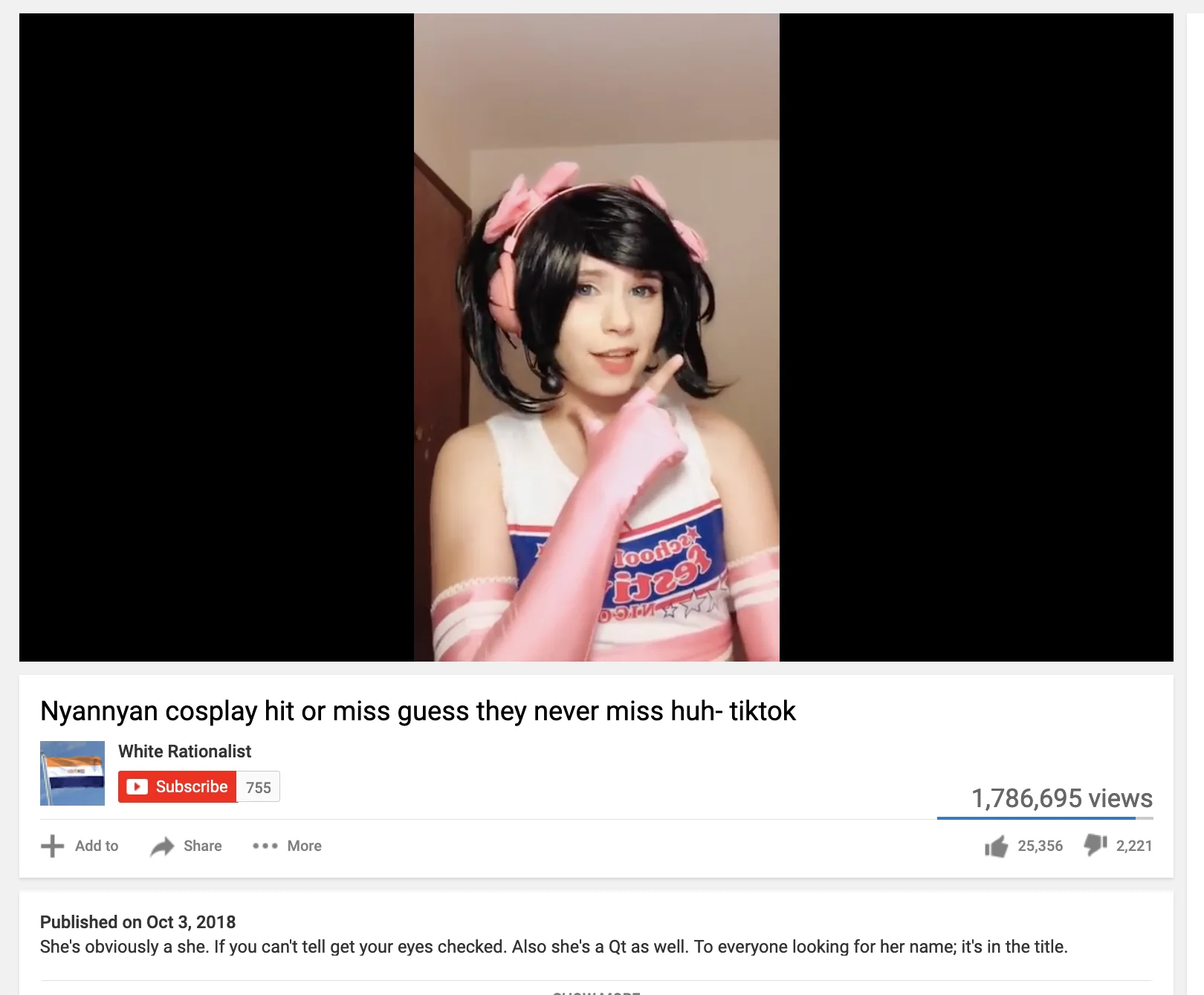 Nyannyancosplay — YouTube screenshot of Hit or Miss TikTok reupload with 1.7 million views