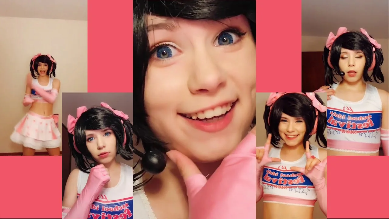NyanNyanCosplay Hit or Miss TikTok collage showing cosplayer as Nico Yazawa with pink bows and cheerleader outfit