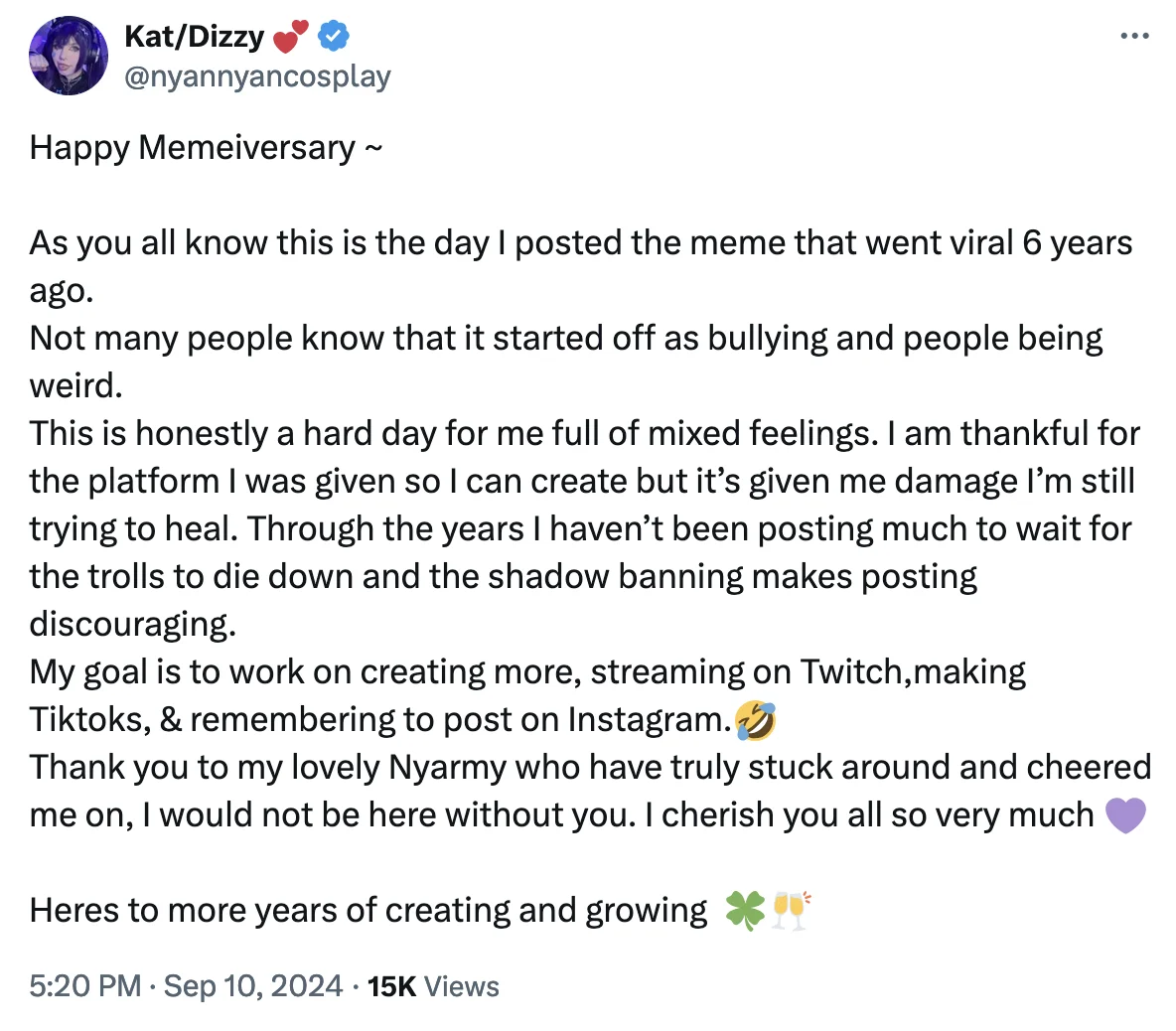 NyanNyanCosplay tweet about 6-year meme anniversary and her experiences