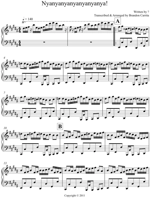 Piano sheet music for Nyanyanyanyanyanyanya song with musical notation