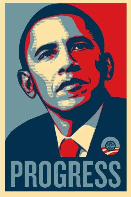 Obama Hope Posters — Obama poster in Fairey style with 'PROGRESS' text instead of Hope with lapel seal.