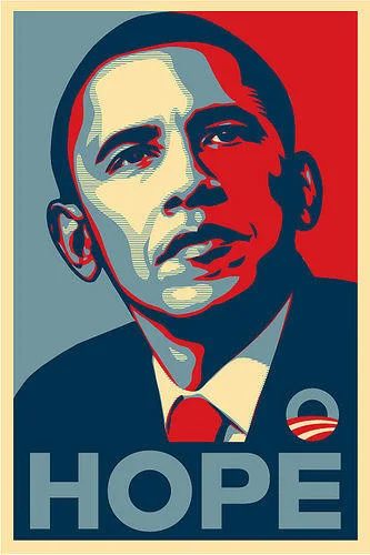 Obama Hope Posters — Original Shepard Fairey Obama Hope poster with red, blue, and white posterized portrait and HOPE text.