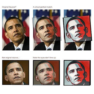 Obama Hope Posters — Six-panel collage comparing Obama source photographs to Shepard Fairey Hope poster with annotations.