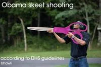 Obama Skeet Shooting Photo — Parody showing Obama firing oversized pink scissors referencing DHS defensive advice.