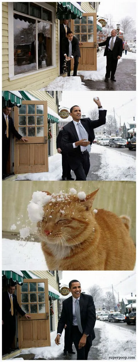 Obama Snowball — Four-panel meme of Barack Obama throwing a snowball that hits an orange cat in the face