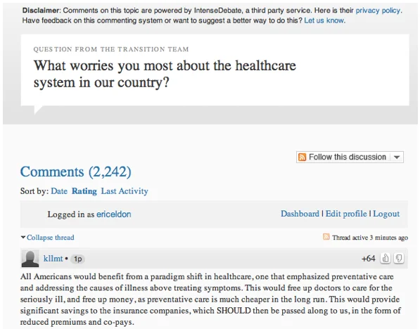 Obamacare — Screenshot of Change.gov healthcare question with 2,242 comments