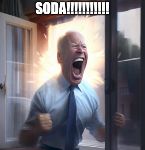 Obamna — AI-generated image of Biden screaming 'SODA' while crashing through a door
