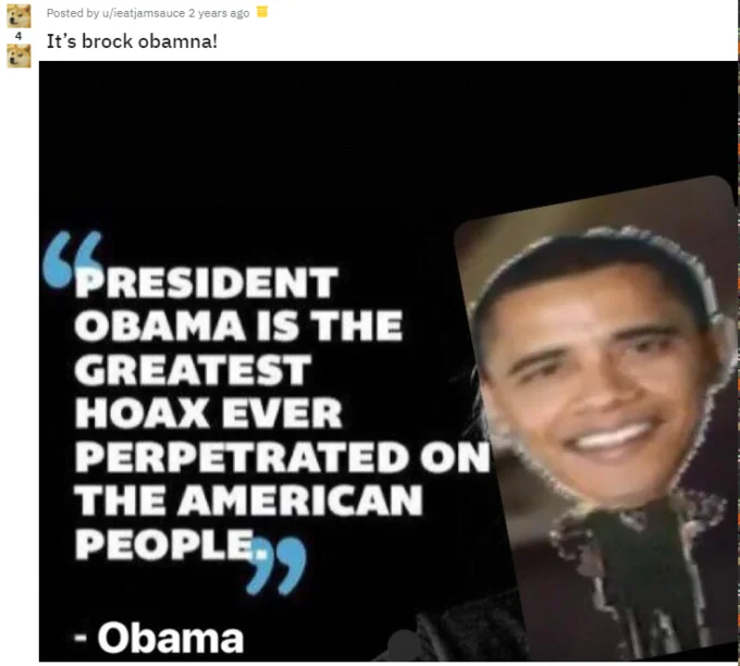 Reddit post titled 'It's brock obamna' with a fake Obama quote image