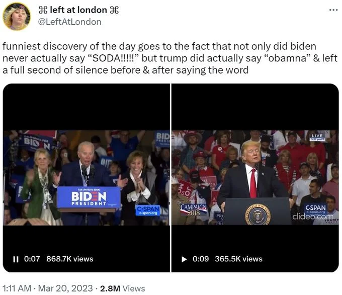 Tweet by Left at London comparing the Biden 'SODA' and Trump 'obamna' moments with video stills