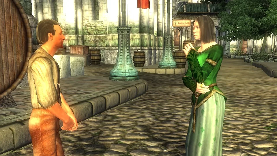 Oblivion NPC Dialogue Parodies — Two Oblivion NPCs, a man in a tunic and a woman in a green dress, standing stiffly face-to-face on a cobblestone street