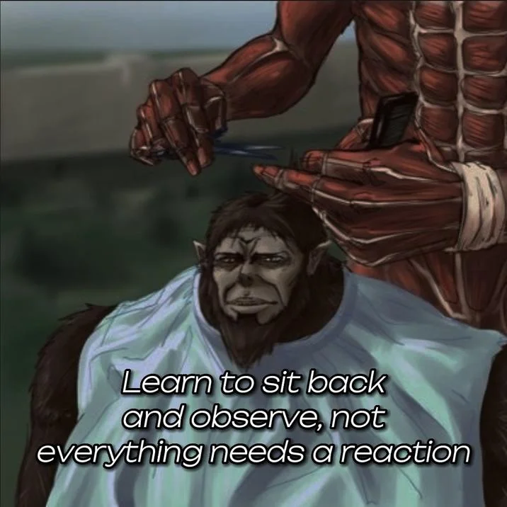 Anime character with hands together in composed gesture with observe text in capitals.
