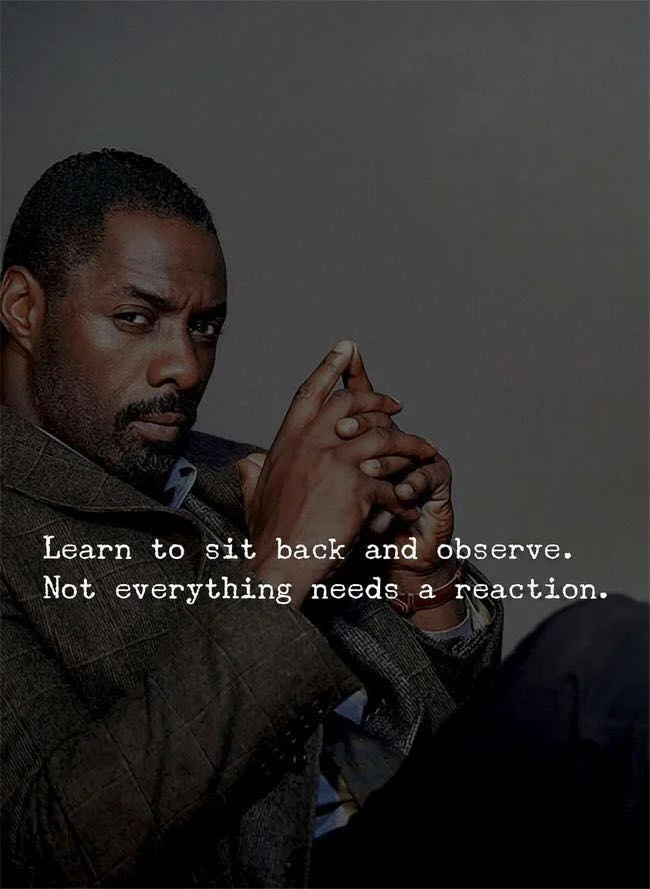 Man with hands clasped in thoughtful gesture with observe meme text about reaction.