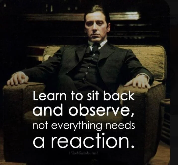 Well-dressed man seated composedly with observe philosophy text overlay.