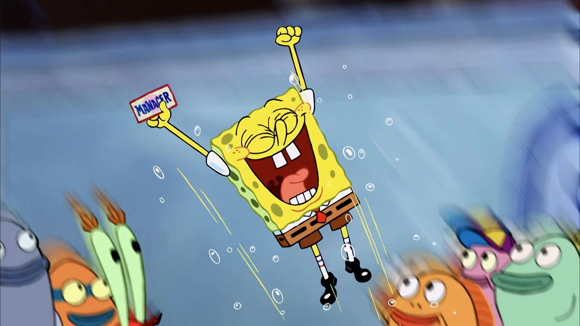 "Ocean Man" by Ween — SpongeBob SquarePants holding a Manager name tag and cheering underwater with fish in the background