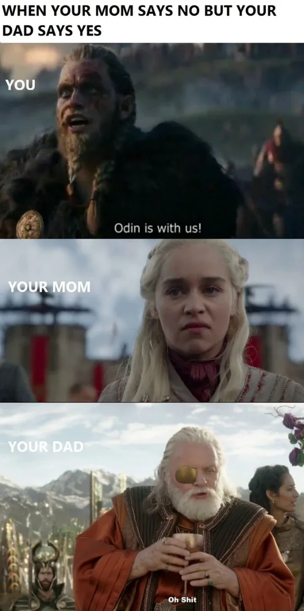 Three-panel meme comparing parents' responses with Odin is with us reference