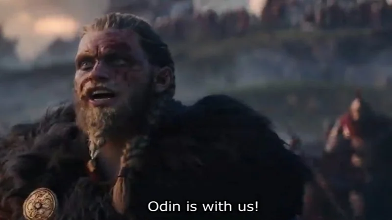 Viking warrior Eivor from Assassin's Creed Valhalla with bloodied face saying 'Odin is with us!'