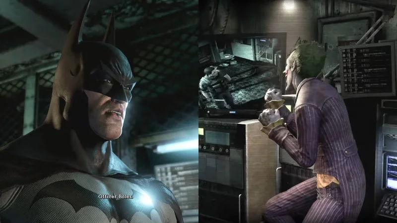 Officer Balls — Split-screen from Batman Arkham showing Batman with 'Officer Boles' subtitle and Joker laughing.