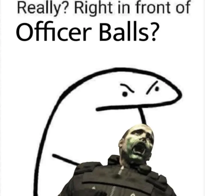 Meme reading 'Really? Right in front of Officer Balls?' with Joker Titan form image.