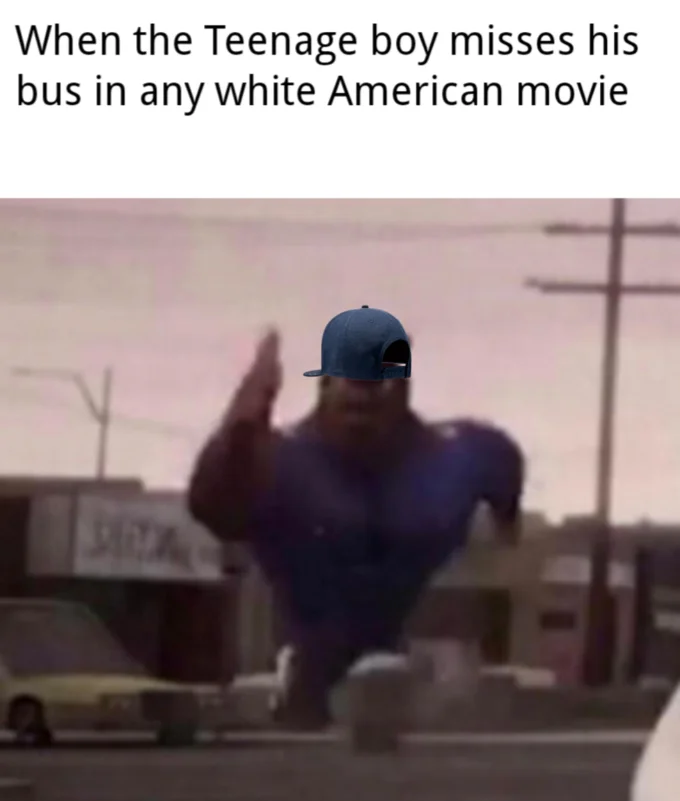 Running Officer Earl — Officer Earl running image edited with a backwards baseball cap, captioned about a teen missing the school bus