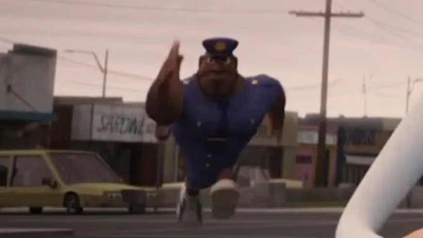 Running Officer Earl — 3D-animated police officer in blue uniform running down a street with cars and shops in the background