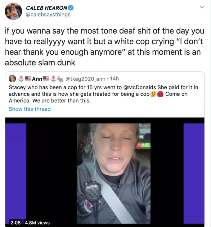"Officer Karen" McMuffin Meltdown — Tweet from Bobby Lewis @revrrlewis about the McMuffin cop and police use of lethal force.