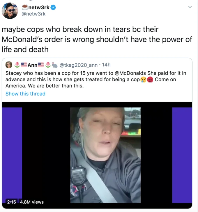 "Officer Karen" McMuffin Meltdown — Tweet from Caleb Hearon mocking the officer's complaint about not being thanked enough.