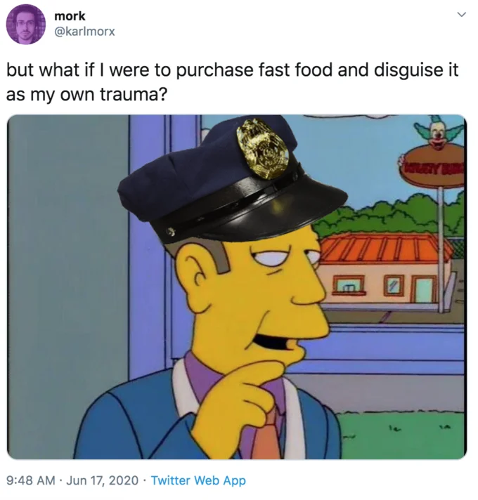 "Officer Karen" McMuffin Meltdown — Tweet from @ghoulrunnings criticizing the officer's emotional reaction to a slow McGriddle order.