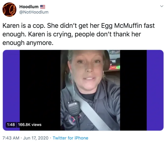 "Officer Karen" McMuffin Meltdown — Tweet from @netw3rk criticizing officers who cry over a wrong McDonald's order holding lethal authority.